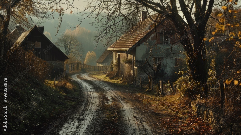 A dirt road leading to a white house. Suitable for real estate concepts A dirt road leading to a white house. Suitable for real estate concepts