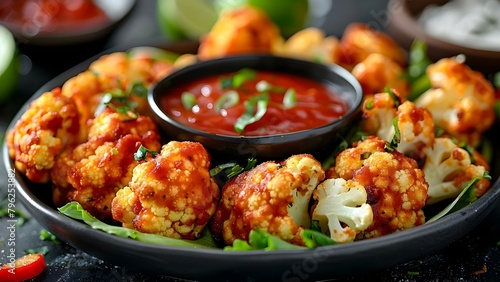 Crispy Cauliflower Bites with Lime Ketchup: A Delicious Vegetarian Snack Option. Concept Cauliflower Recipes, Vegetarian Snacks, Lime Ketchup, Crunchy Bites, Healthy Treats
