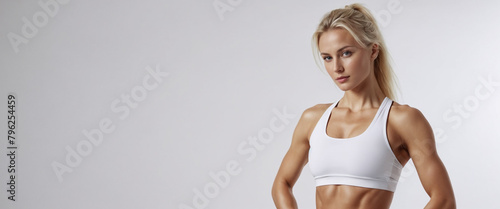 Young fit sexy blonde woman wearing white sports bra standing isolated on a gray background. Studio portrait of a healthy muscular female.
