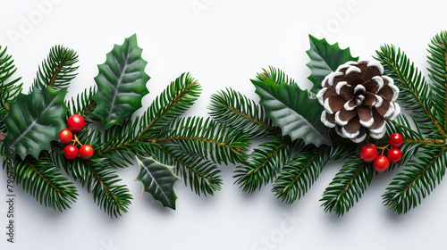 A white background with a Christmas tree decoration that includes a pine cone and berries. The image conveys a festive and joyful mood, as it is a representation of the holiday season