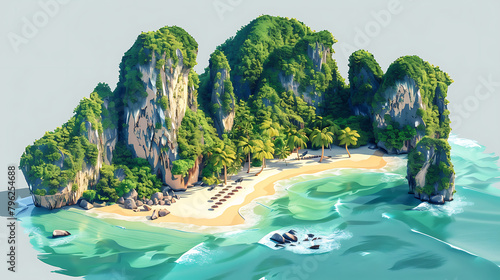 Phi Phi Islands, Krabi: Stunning beaches, crystal-clear waters, under a fantasy sky, in a realistic isometric style, with vibrant lighting, tropical colors