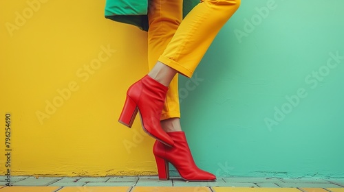 Bold red shoes in mid-kick against a pastel yellow and soft green background