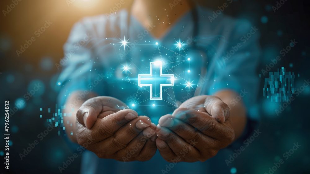 Person holding hands open with a glowing blue cross symbol floating above, representing health care, faith, or digital innovation. Person holding hands open with a glowing blue cross symbol floating above, representing health care, faith, or digital innovation.