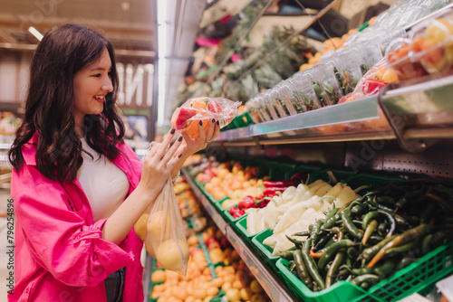 Young Korean woman shopping without plastic bags in grocery store. Vegan zero waste girl choosing fresh fruits and vegetables in supermarket. Part of a series photo