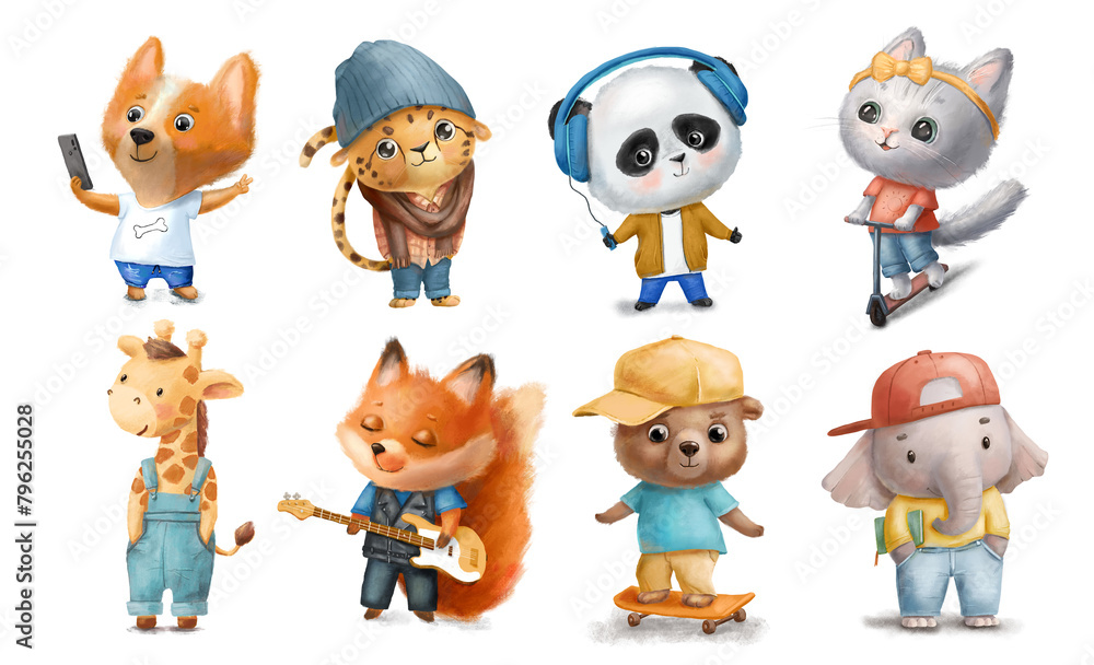 Cute animals in clothes set. Cool fox, corgi dog and kitten. Hand drawn illustration isolated on white background Cute animals in clothes set. Cool fox, corgi dog and kitten. Hand drawn illustration isolated on white background