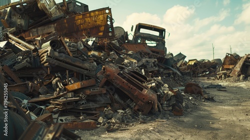 A pile of junk sitting on top of a dirt field. Suitable for industrial and environmental concepts