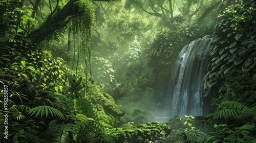 A lush, green forest with a small waterfall providing the perfect backdrop for a storybook or fairy tale setting
