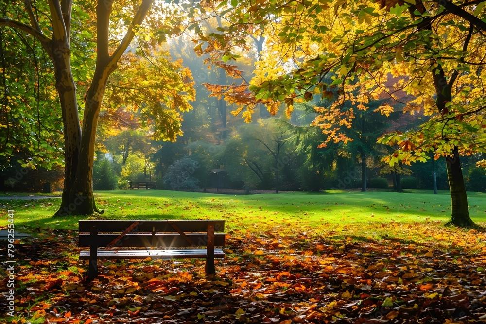 Vibrant Autumn Park Blanketed in Hues of Green, Yellow, and Orange Vibrant Autumn Park Blanketed in Hues of Green, Yellow, and Orange
