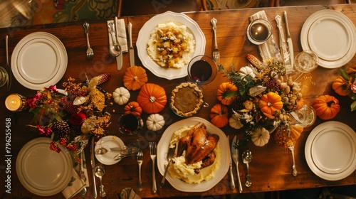 Overhead shot of a festive Thanksgiving dinner table, adorned with turkey, mashed potatoes, and pumpkin pie