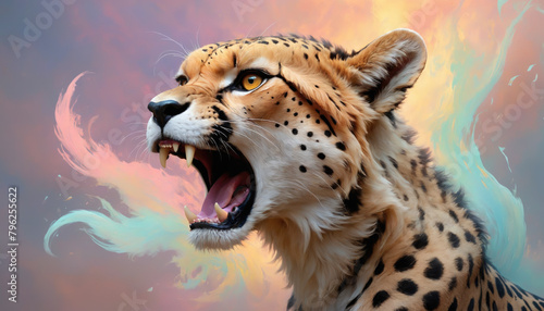 Fantasy Illustration of a wild animal cheetah. Digital art style wallpaper background in pastel colors.