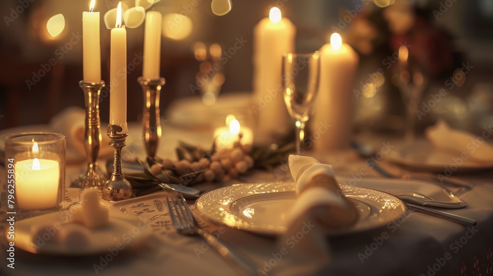A serene and elegant Passover table setting with silverware, napkins, and candles, creating a warm atmosphere for the Second Passover meal.