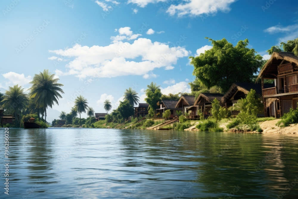 Indian landscape. Beautiful tropical scene with a river and a village of small houses. The water is calm and the sky is clear. Generative AI.