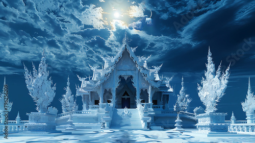 Wat Rong Khun (White Temple), Chiang Rai: Surreal temple, intricate design, against a moonlit sky, in a fantasy pixel art style, with mystical lighting, icy colors