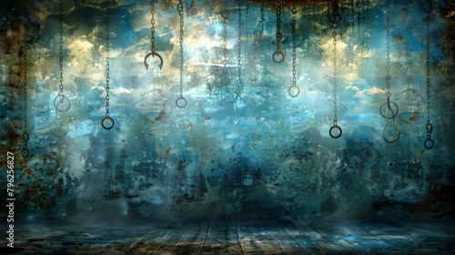 A blue and white background with many chains hanging from the ceiling. Scene is dark and ominous