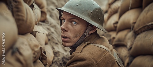 British soldier in WWI trench, wearing brown uniform and helmet, with blue eyes looking at camera. photo