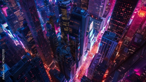 Overhead shot of a vibrant city skyline illuminated by the lights of towering buildings photo