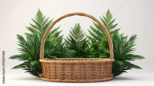 A basket filled with green plants and trees. The basket is made of wicker and is placed in front of a white background. The basket and the plants give a sense of nature and tranquility