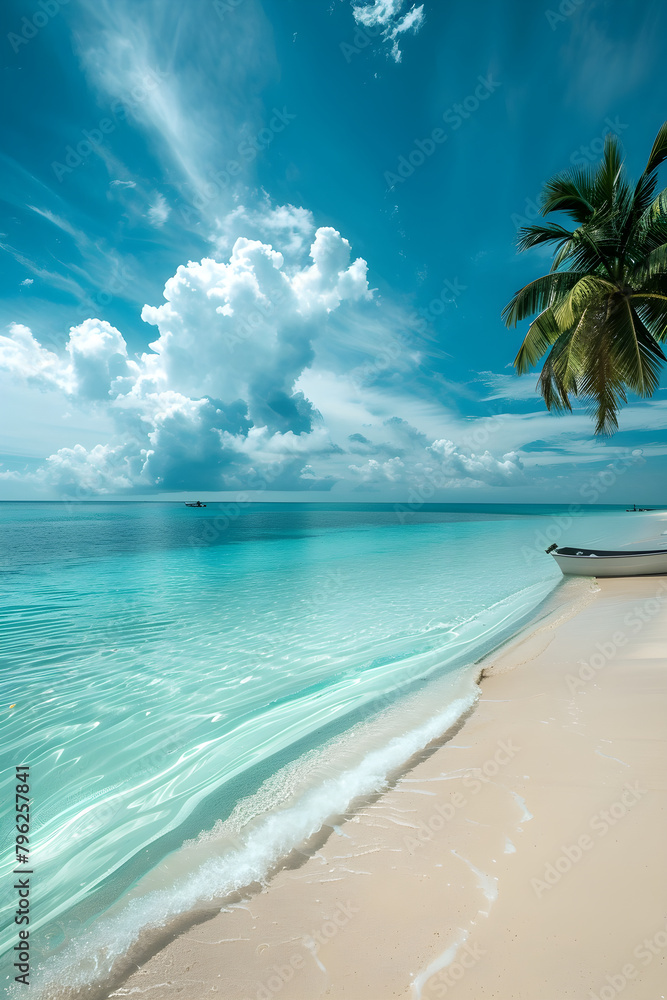 Panoramic View of a Pristine Tropical Beach with a Lonely Boat in the Distance