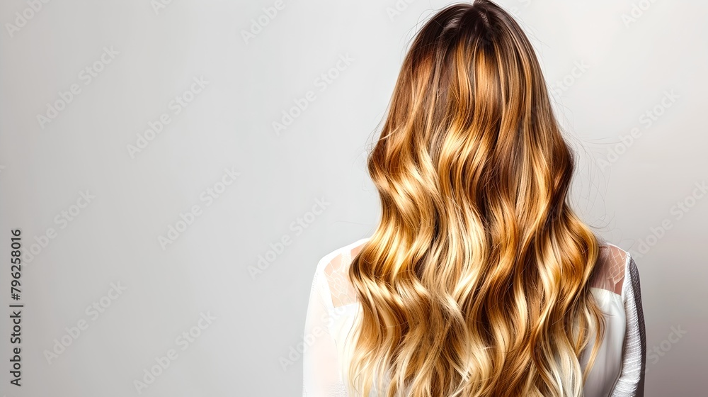 Fototapeta premium Luxurious long wavy hair in a natural style. Perfect hairstyle for beauty concepts. High quality haircare product photography. AI