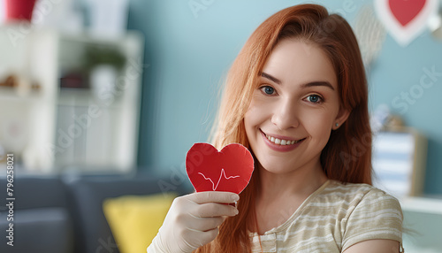 Female blood donor with applied medical patch and paper heart in clinic photo