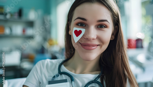 Female blood donor with applied medical patch and paper heart in clinic