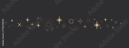Golden celestial star border, sparkle divider, festive shiny space elements, festive lights on dark background. Holiday decoration
