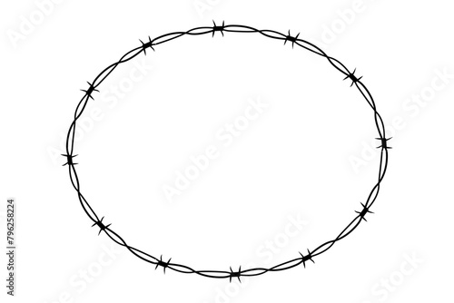 Barbed wire twisted ring y2k, round border tattoo, gothic textured steel frame, spiky oval barrier, silhouette isolated on white background.