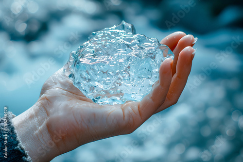 Close-up View of Hand Holding a Glistening Ice Chunk Against a Wintry Background