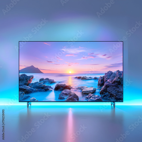 a 65 inch LED TV, on a white background, scene is lit by two soft lights with gradient ranging from light blue to green Ai generative 