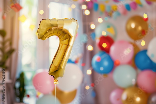 Golden helium floating balloon made in shape of number seven. Children birthday party for 7 years celebration. Banner or greeting card	
