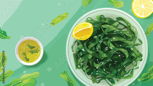 Plate with healthy seaweed salad lemon and sauce 