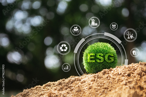 ESG on environment, society and governance, sustainable organizational development Environmental considerations for the environment global and ethical business, educed impact awareness of resources.