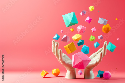 Creative Colorful Geometric Shapes Levitating Over Hands Against Pink Background
