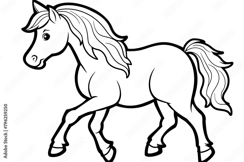 basic cartoon clip art of a Horse, bold lines, no gray scale, simple coloring page for toddlers