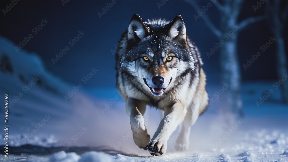 Wolf running on snow field at night