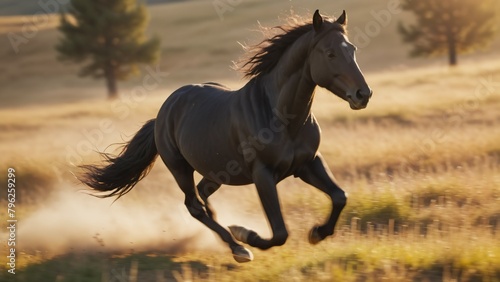 Black Horse Running on Meadow