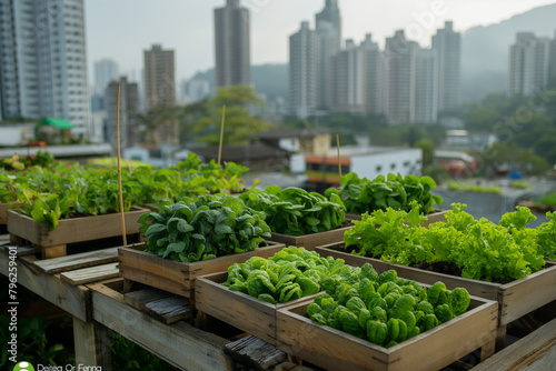 Urban rooftop garden with vegetables in wooden boxes