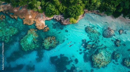 Overhead view of a tropical island coastline  with snorkelers exploring coral gardens just offshore