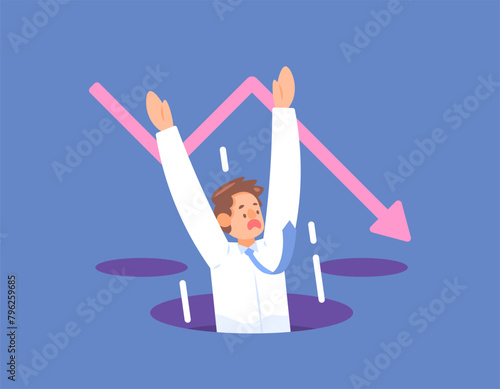 business fails. bankrupt and failed. mistakes that make a business fail. incidents, problems and crisis situations. a man falls into a hole. illustration concept design. graphic elements