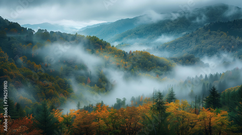 The foggy mountains are covered in trees and leaves © ART IS AN EXPLOSION.