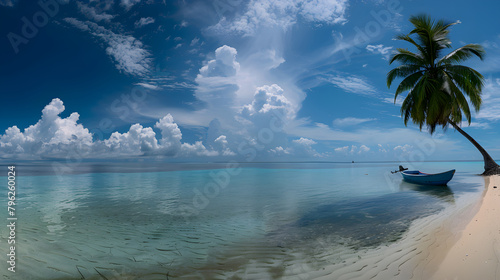 Panoramic View of a Pristine Tropical Beach with a Lonely Boat in the Distance