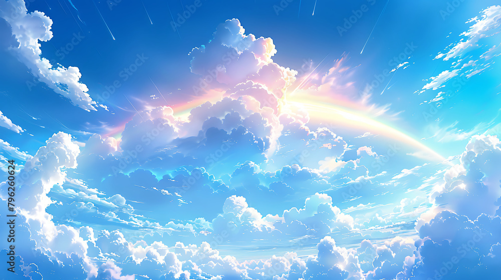  Anime style illustration of summer sky and thunder clouds - obrazy, fototapety, plakaty 