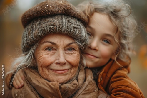 An elderly woman in a knitted hat smiles with her granddaughter embracing her from behind © Larisa AI
