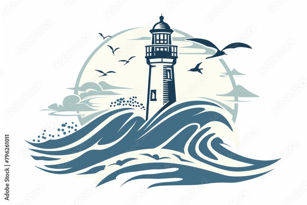 A scenic view of a lighthouse surrounded by crashing waves and flying birds. Suitable for coastal themes or maritime concepts A scenic view of a lighthouse surrounded by crashing waves and flying birds. Suitable for coastal themes or maritime concepts