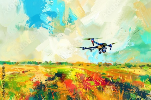A digital painting of a small airplane flying over a field. Suitable for aviation and travel themes