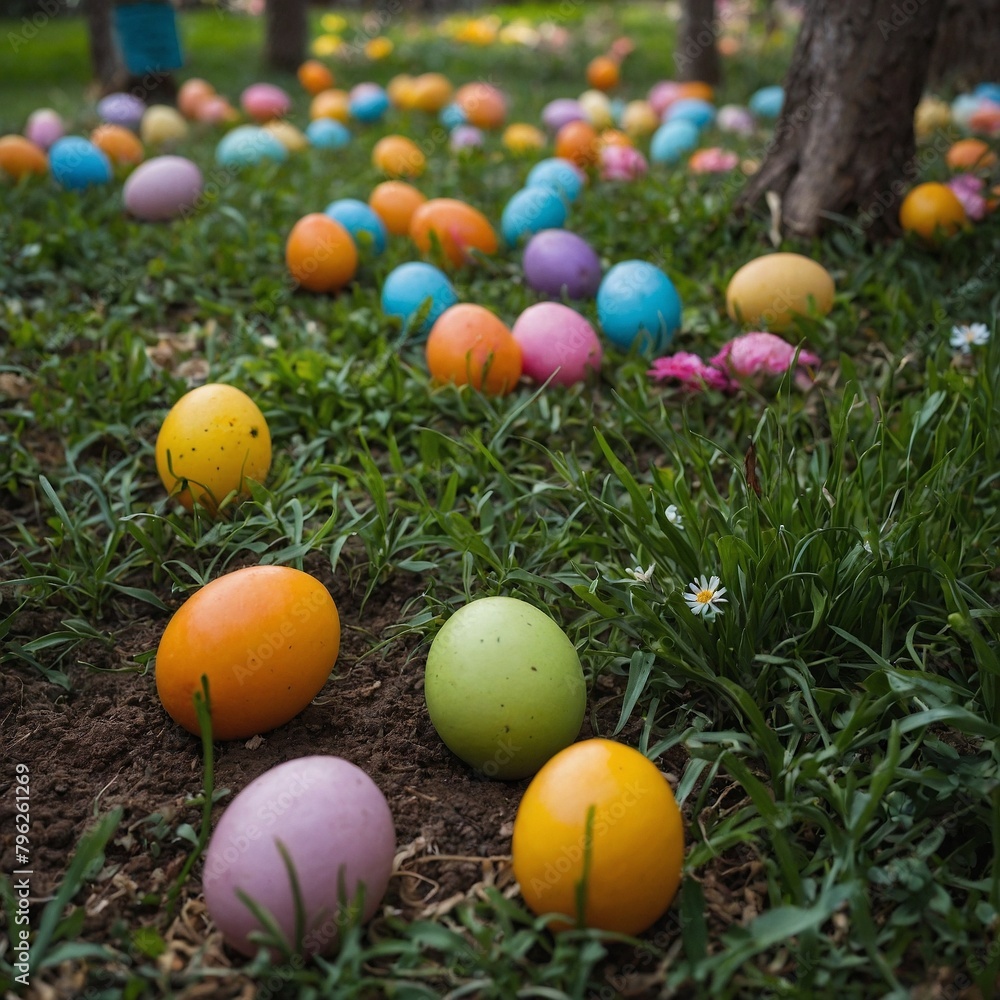 Colorful Easter eggs in garden Colorful Easter eggs in garden