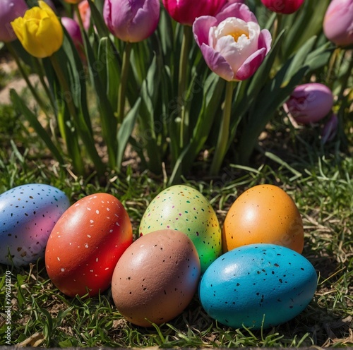 Colorful Easter eggs in a field