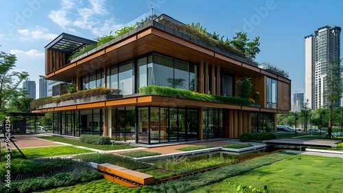 Sustainable Eco-Friendly Office Building with Green Surroundings in Urban Setting. Concept Sustainable Construction, Eco-Friendly Office, Green Surroundings, Urban Setting, Environmental Design