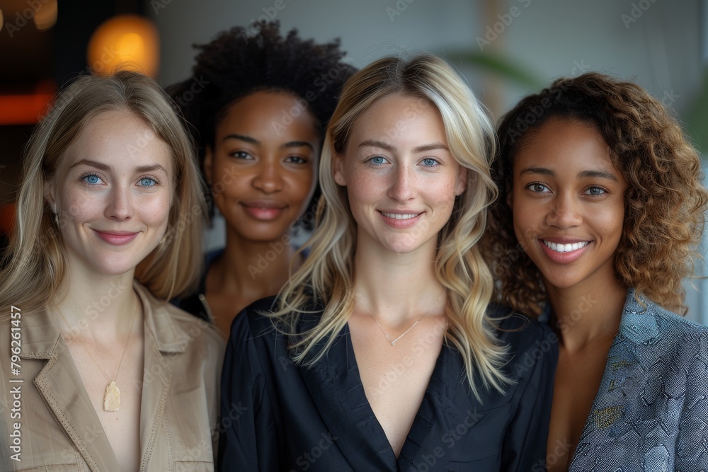 Four diverse women smiling for a portrait displaying friendship and diversity Four diverse women smiling for a portrait displaying friendship and diversity