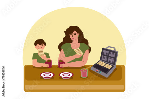 Mom and son have breakfast together in a good mood, drink tea and eat waffles. There is an electric waffle iron with prepared dessert on the table. Vector illustration